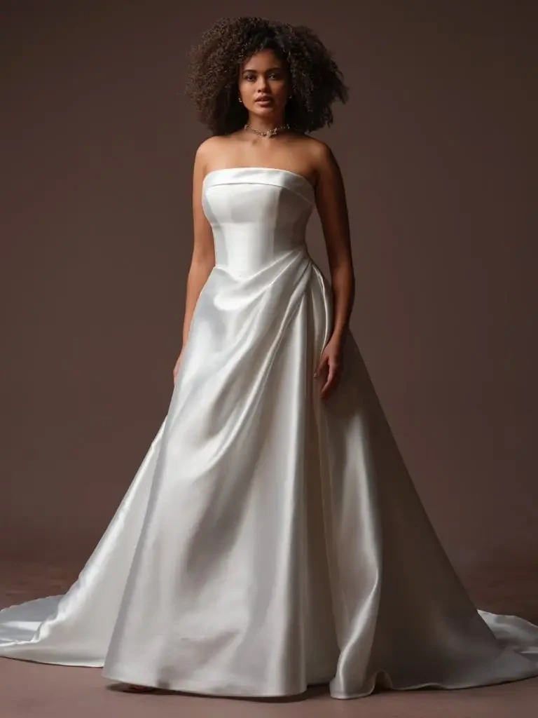 A model wearing a strapless, flowing white gown with a fitted bodice and elegant silhouette.